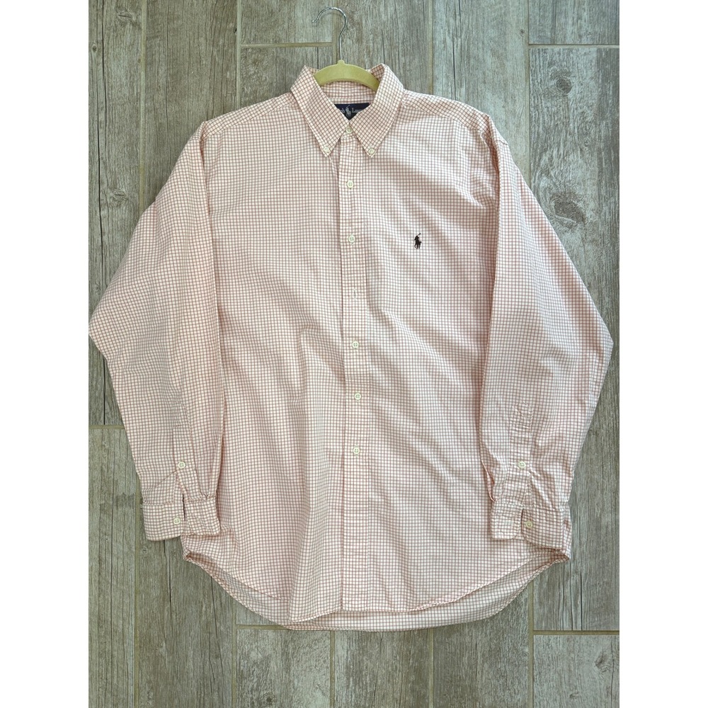 Ralph Lauren Blake Shirt Women L Orange Check Excellent Two-Ply Cotton Button Up